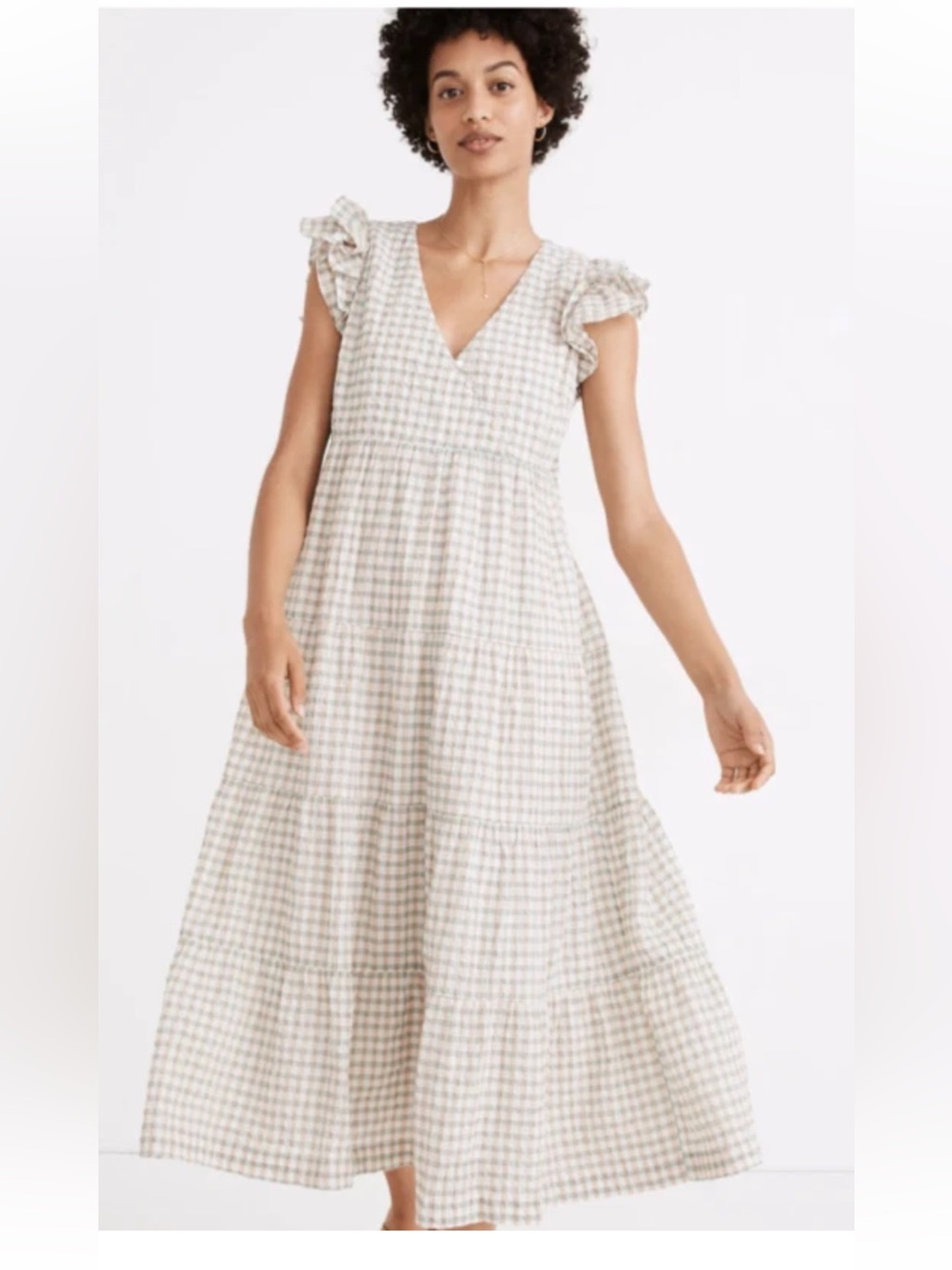 Madewell Sz XS Gingham Plaid Seersucker Ruffle Sleeve Tiered Midi Dress Tan